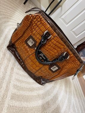 Guess Croc-Embossed Satchel in Tan and Dark Brown